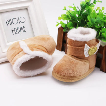Newborn Baby Girl Plush Snow Booties Keep Warm Shoes Non-Slip Sneaker Walking Soft-Soled Breathable Heart Wings First Walkers