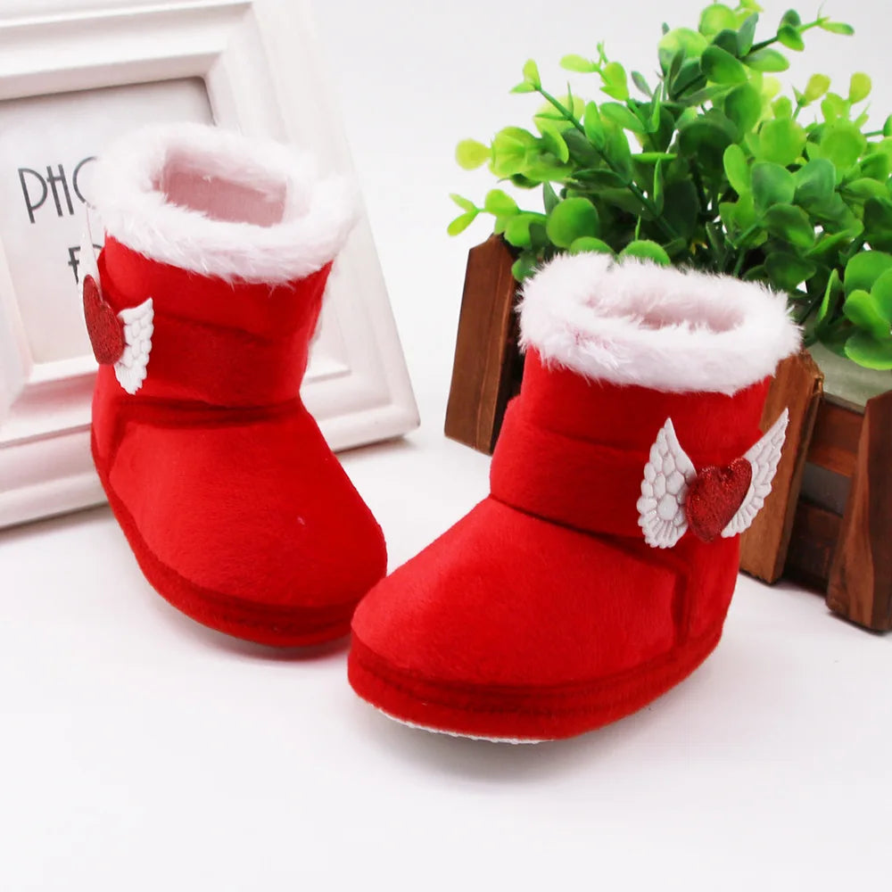 Newborn Baby Girl Plush Snow Booties Keep Warm Shoes Non-Slip Sneaker Walking Soft-Soled Breathable Heart Wings First Walkers